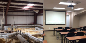 A before and after image of a room that was once completely destroyed. In the after picture, it is a well put-together classroom.