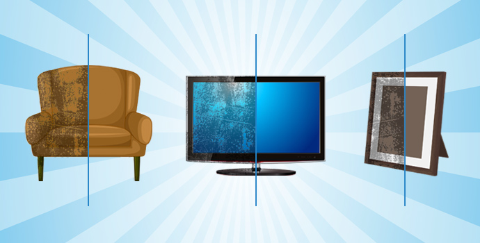 An image of 3 items; a chair, a TV, and a picture frame. Half of each item is dirty, and the other have is clean.