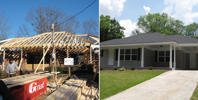 An side-by-side comparison of a house that has been restored from scaffolding to a full-fledged house.
