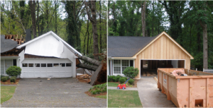 A before and after image of a house that had major storm damage, and the same house with new wood paneling and a completely rapaired front.