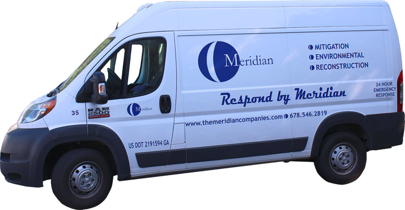 An image of a white van with the Meridian logo on it's side.